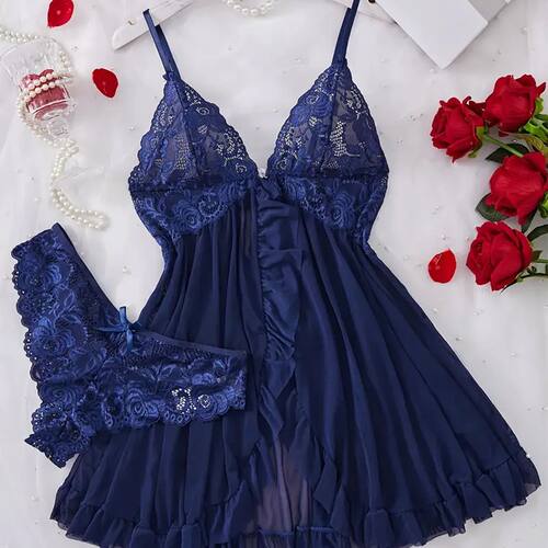 New Blue Contrast Lace Ruffle Trim Lingerie Set Deep V Dress