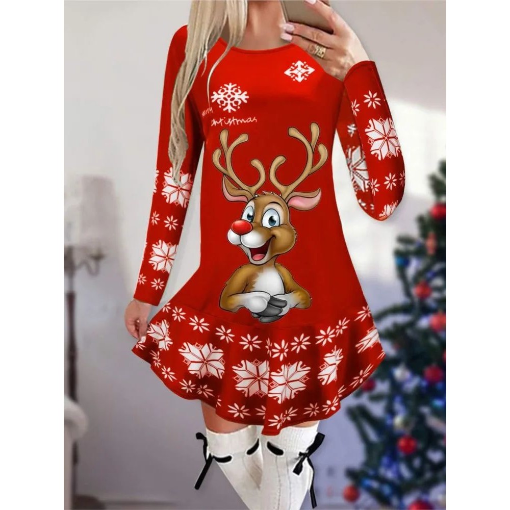 Christmas Party Print Mini Dress For WomenKnee Dresses Stree