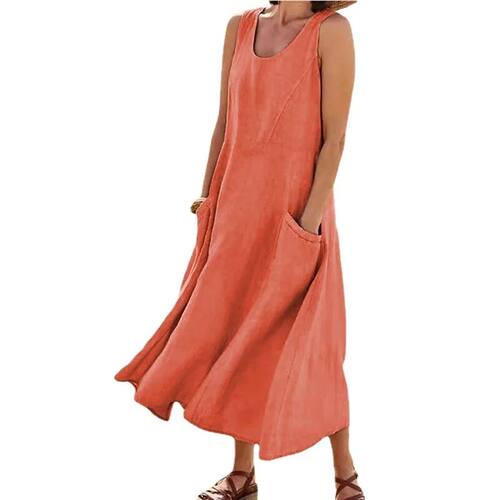 Women Coton Linen Sundress Summer Female Sleeveless Double B