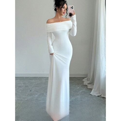New off shoulder four sided elastic dress, tight and long