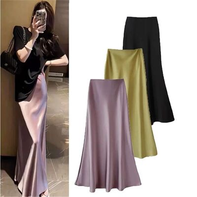 2026 Satin Fabric Skirt Woman High Waist Elegant Long Skirts