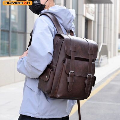 Men Backpack PU Leather Bagpack Large Laptop Backpacks Male