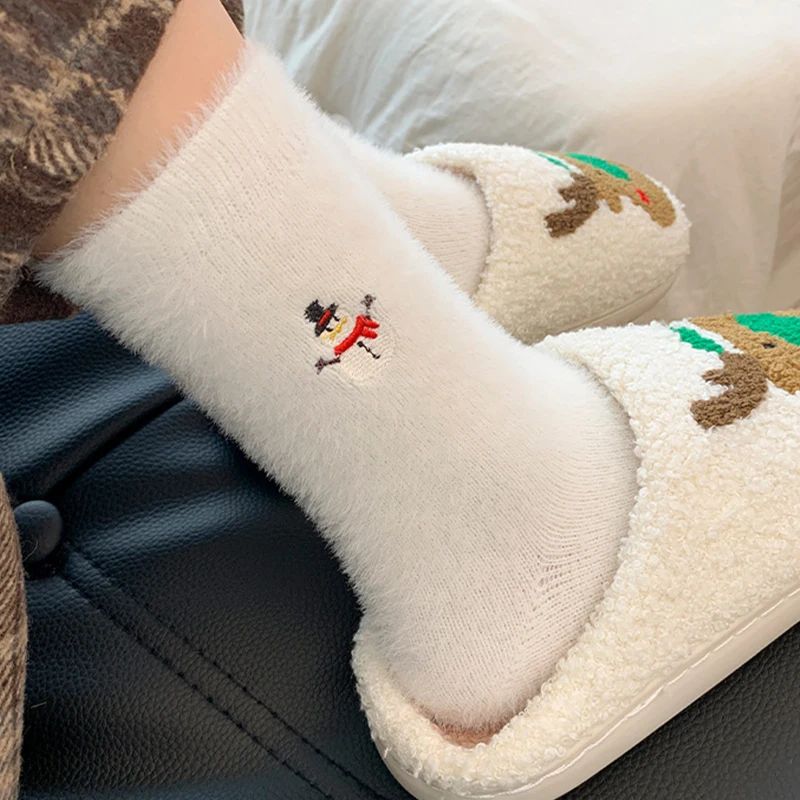 White Faux Mink Fur Socks Christmas Tree Santa Claus Embroid