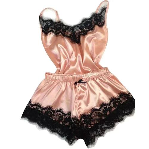 Summer Lace Silk Pajama Set for Women Sleepwear Sexy Lingeri