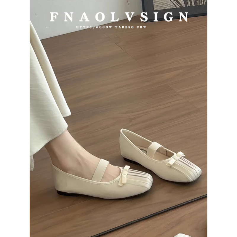 羊皮版~法式蝴蝶结浅口单鞋配裙子甜美芭蕾鞋绑带平底玛丽珍鞋女