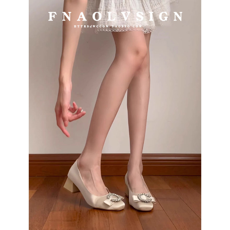 羊皮版~法式浅口单鞋女春季仙女风配裙子水钻蝴蝶结粗跟高跟鞋,女鞋,浅口单鞋,淘宝优惠券,粉丝福利购,淘宝优惠卷