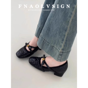 羊皮版~法式蝴蝶结一字带粗跟单鞋女加绒玛丽珍鞋子内增高毛毛鞋