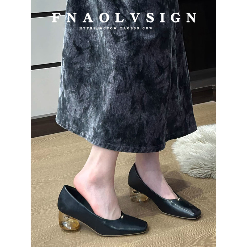羊皮版~法式方头浅口单鞋女春黑色一脚蹬通勤鞋不累脚粗跟高跟鞋