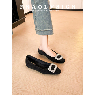 羊皮版~方头加绒单鞋女水钻方扣浅口百搭通勤厚黑内增高毛毛鞋女