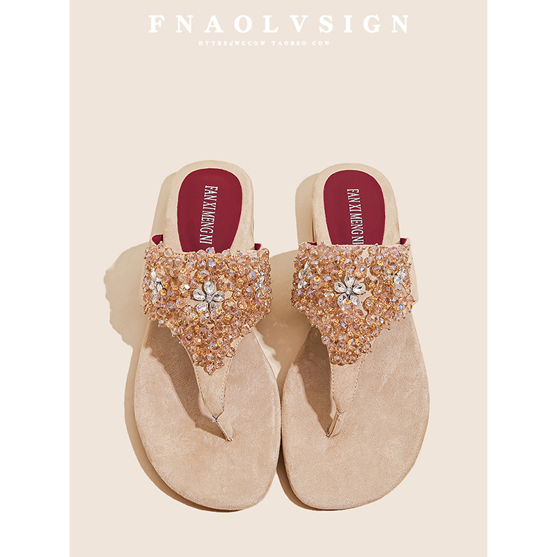 羊皮版~复古人字拖鞋女2025夏季新款时尚百搭水钻绝美沙滩凉拖鞋