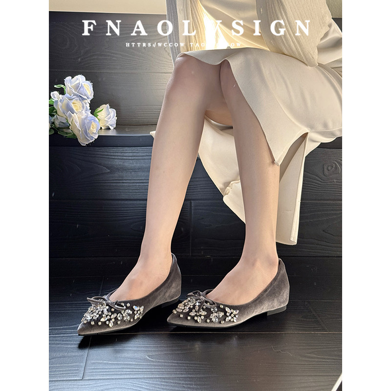 羊皮版~法式水钻尖头浅口单鞋女平底蝴蝶结名媛风内增高配裙鞋女