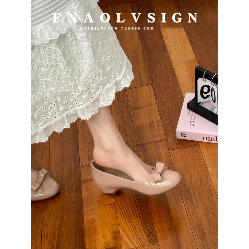 羊皮版~裸粉色漆皮浅口单鞋女春季新款蝴蝶结圆头一脚蹬低跟瓢鞋,女鞋,浅口单鞋,淘宝优惠券,粉丝福利购,淘宝优惠卷