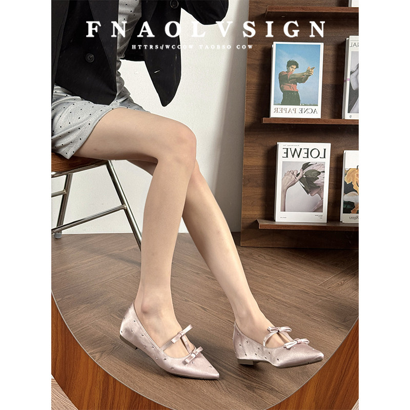 羊皮版~法式蝴蝶结内增高玛丽珍鞋女温柔尖头浅口单鞋绝美平底鞋