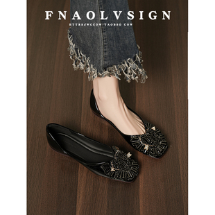 羊皮版~法式方头水钻玛丽珍鞋女内增高软底仙女风浅口一脚蹬单鞋