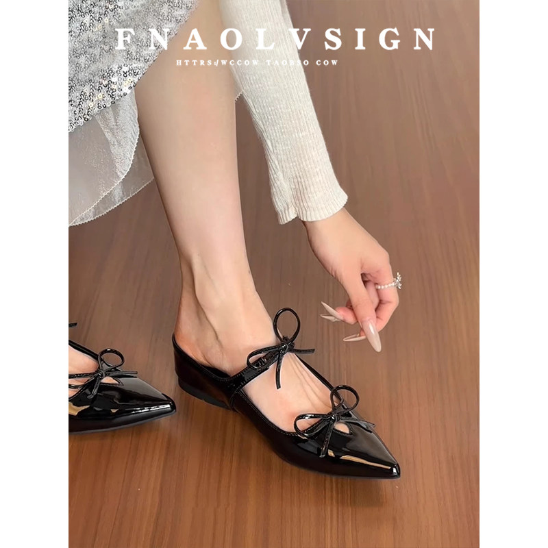 羊皮版~法式蝴蝶结包头半拖鞋女夏外穿一脚蹬女鞋平底内增高凉拖