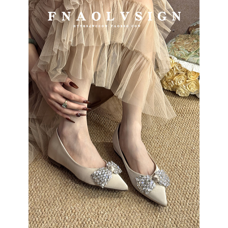 羊皮版~优雅风水钻蝴蝶结尖头浅口单鞋女平底内增高一脚蹬名媛鞋