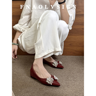 羊皮版~法式酒红色尖头浅口单鞋女水钻蝴蝶结内增高气平底鞋女