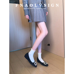 羊皮版~法式加绒水钻方扣内增高单鞋女浅口鞋子保暖平底毛毛鞋女