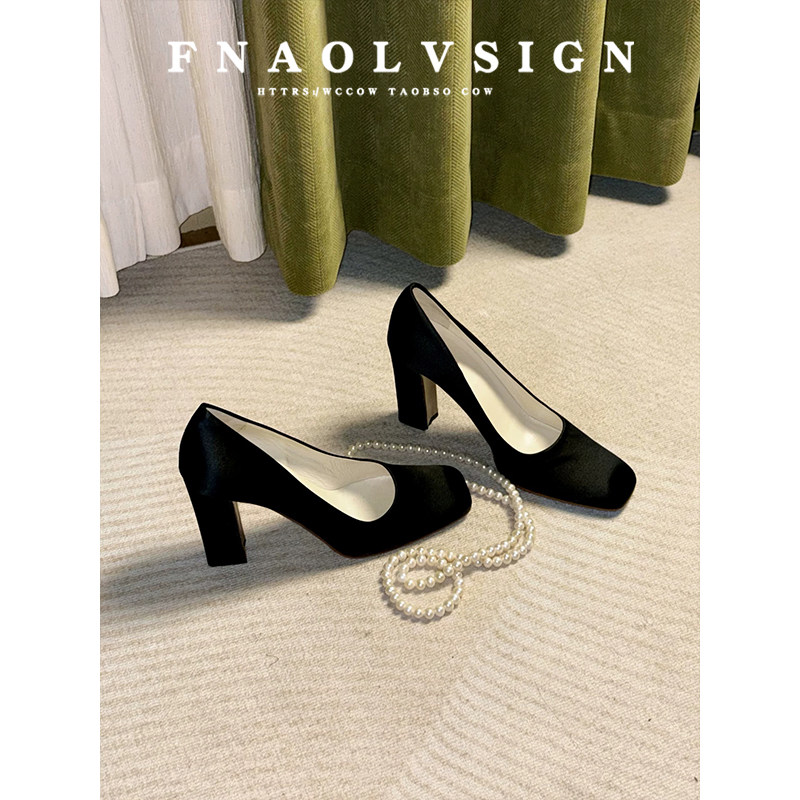 羊皮版~名媛风高级感绒面高跟鞋女小个子增高不累脚粗跟浅口单鞋