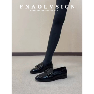 牛皮版~春秋蝴蝶结一脚蹬乐福鞋低跟小皮鞋女英伦风鞋子平底单鞋