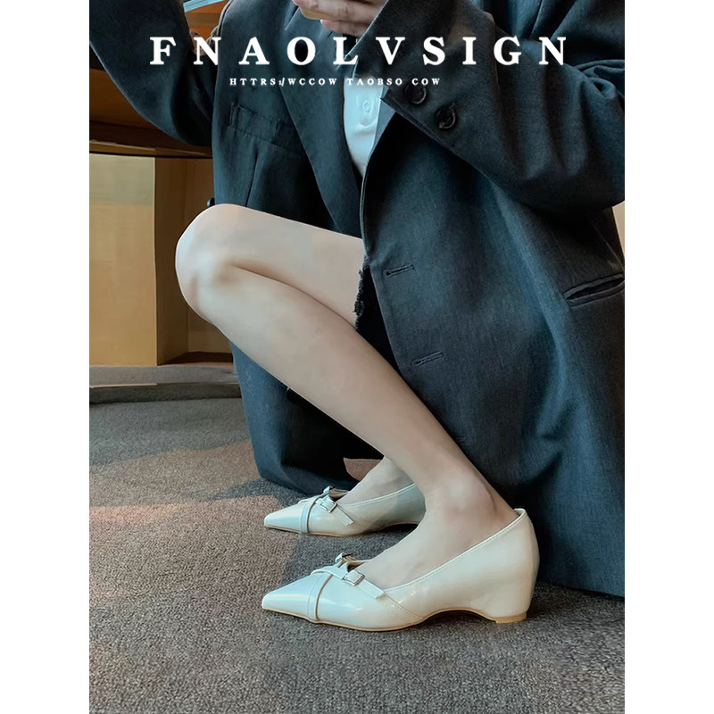 牛皮版~春季法式气质尖头中跟高跟鞋女浅口一脚蹬鞋子内增高单鞋