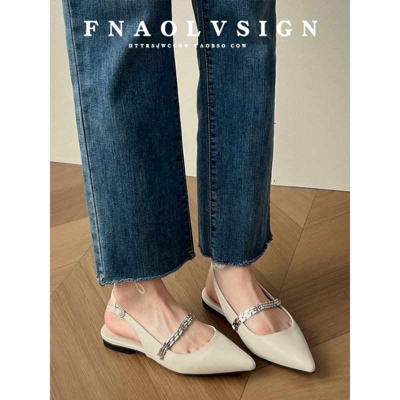 羊皮版~法式尖头包头凉鞋女夏季一字扣带高级感气质后空平底单鞋