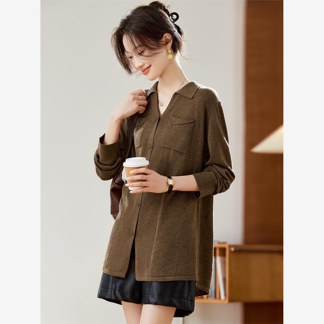 衬衫式针织开衫女春秋冬2025新款宽松中长款外搭上衣休闲毛衣外套