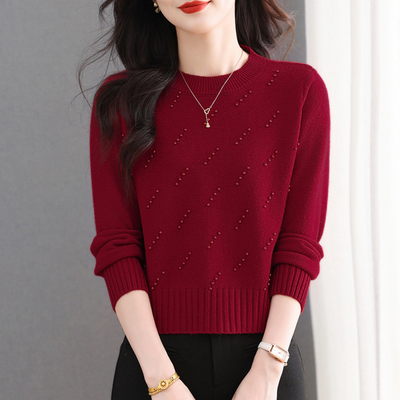 短款圆领钉珠毛衣女秋冬2025新款小个子针织打底衫内搭可外穿上衣