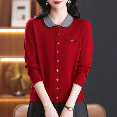 娃娃领针织打底衫春秋妈妈红色上衣秋装2025新款女装开衫毛衣外套