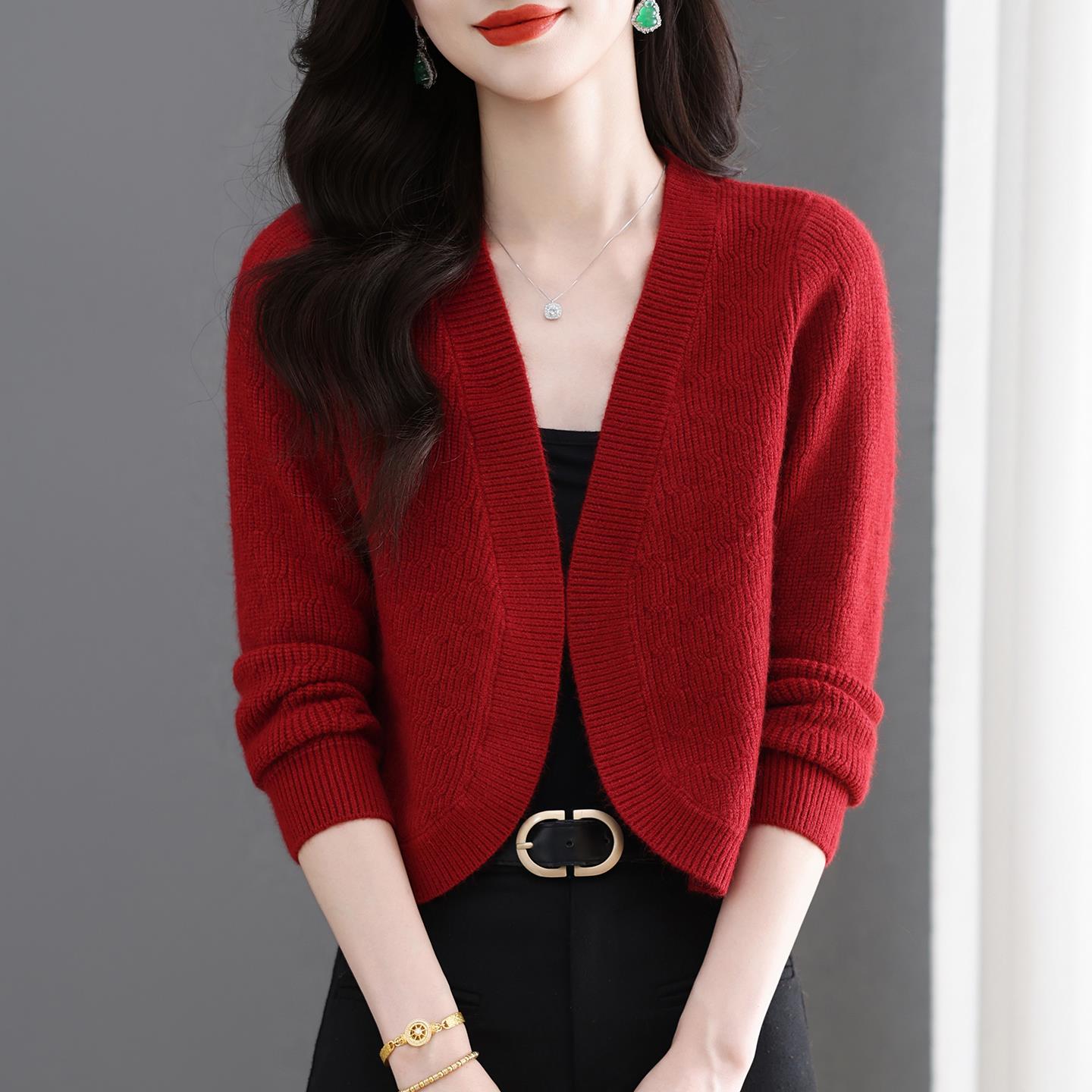 红色针织开衫旗袍外搭披肩长袖小个子短款毛衣外套2025秋季新款女