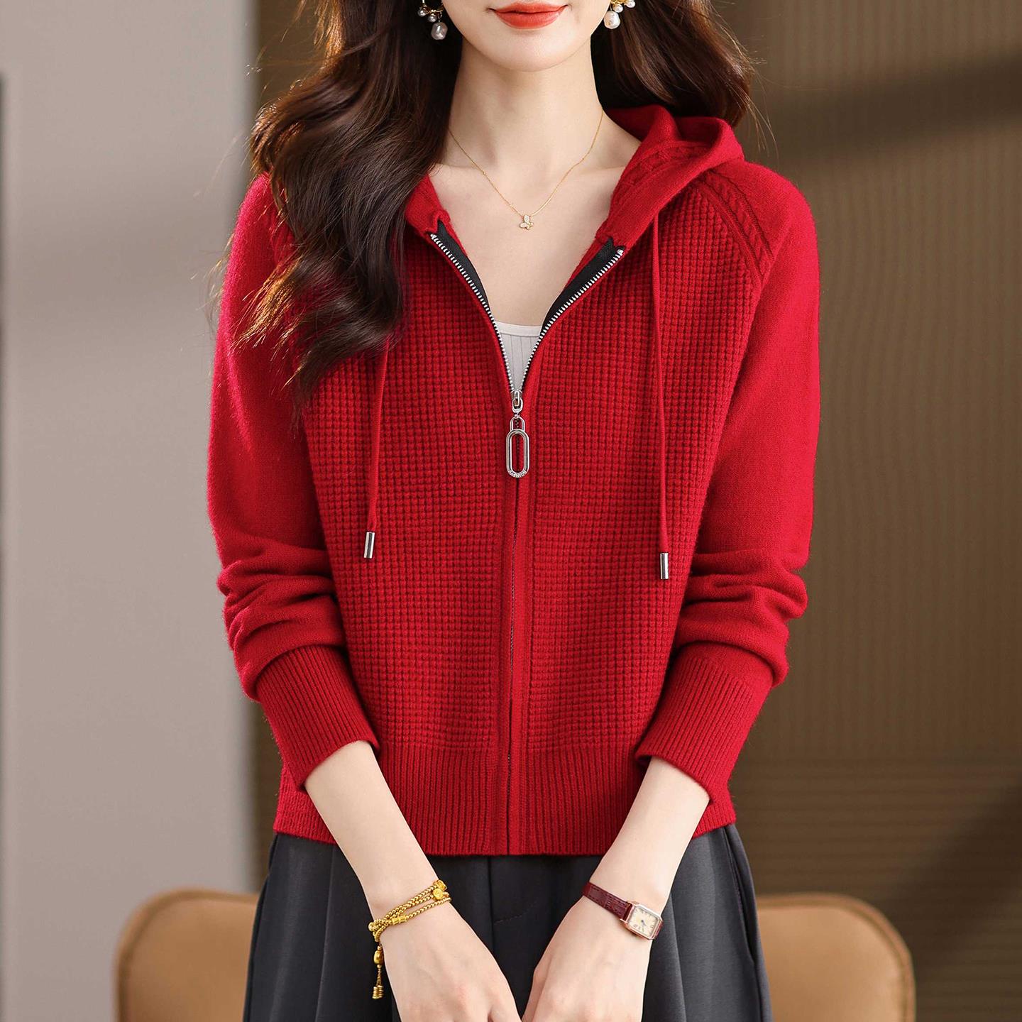 连帽拉链红色针织开衫卫衣女士秋装2025新款短款毛衣外套长袖上衣