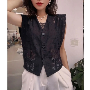 宽松显瘦百搭背心时尚 女装 洋气镂空坎肩气质上衣6965 薄款 马夹夏季