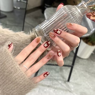 红色猫眼鎏金花朵琥珀新年美甲贴