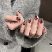 秋冬新款 美拉德纯手工穿戴甲琥珀棕蓝猫眼清透ins高级感显白美甲