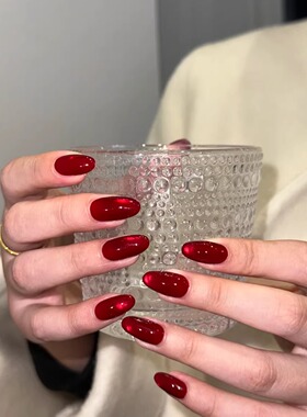 鸽血红宝石纯手工穿戴甲新娘婚甲高级感红色猫眼玻璃珠简约显气质