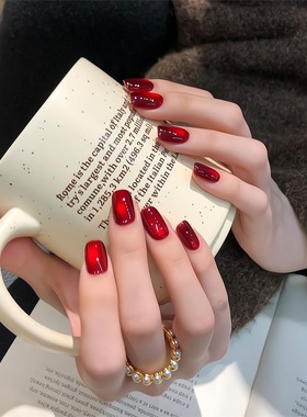 鸽血红宝石纯手工穿戴甲新娘婚甲高级感红色猫眼玻璃珠简约显气质