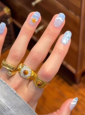 【海盐星芒】夏日清凉感蓝色系猫眼ins风纯手工穿戴甲水波纹渐变