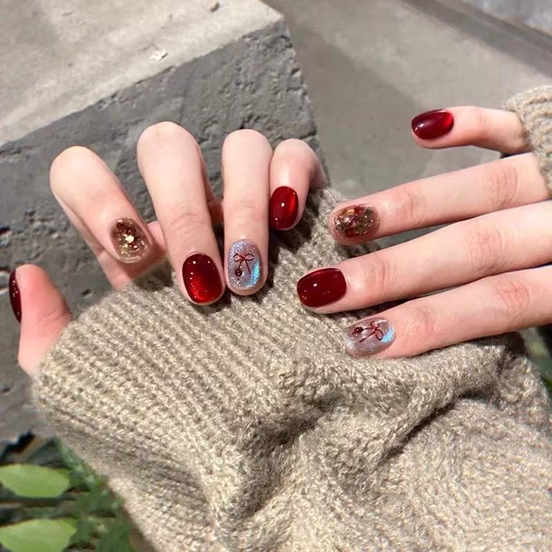 【红灯樱桃】高级感新年战甲手工红色跳色猫眼穿戴甲氛围显白短款