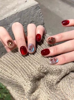 【红灯樱桃】高级感新年战甲手工红色跳色猫眼穿戴甲氛围显白短款