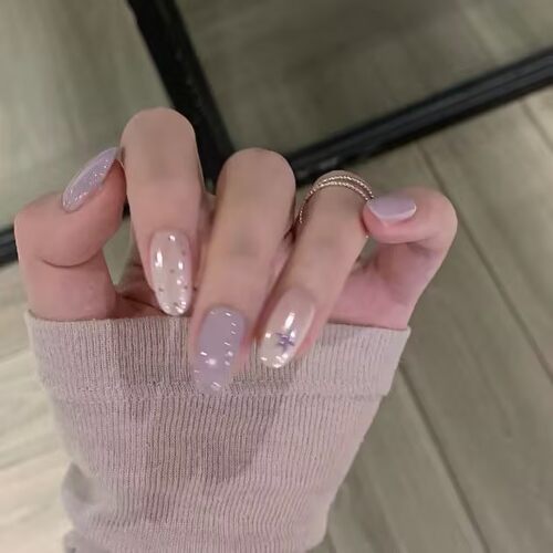 手工淡紫海莉波点猫眼穿戴甲显白