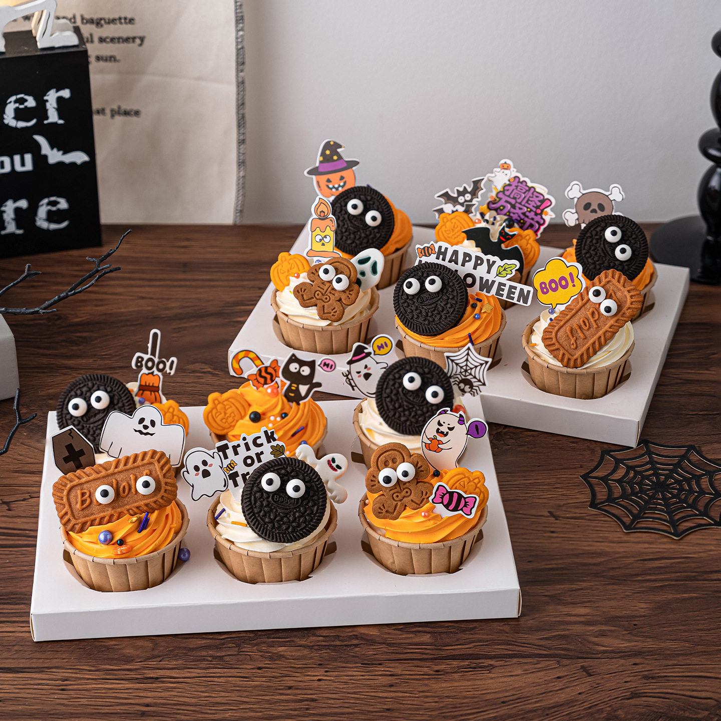 2025搞怪万圣节纸杯蛋糕装饰插卡大小眼睛眼珠幽灵骷髅饼干插件