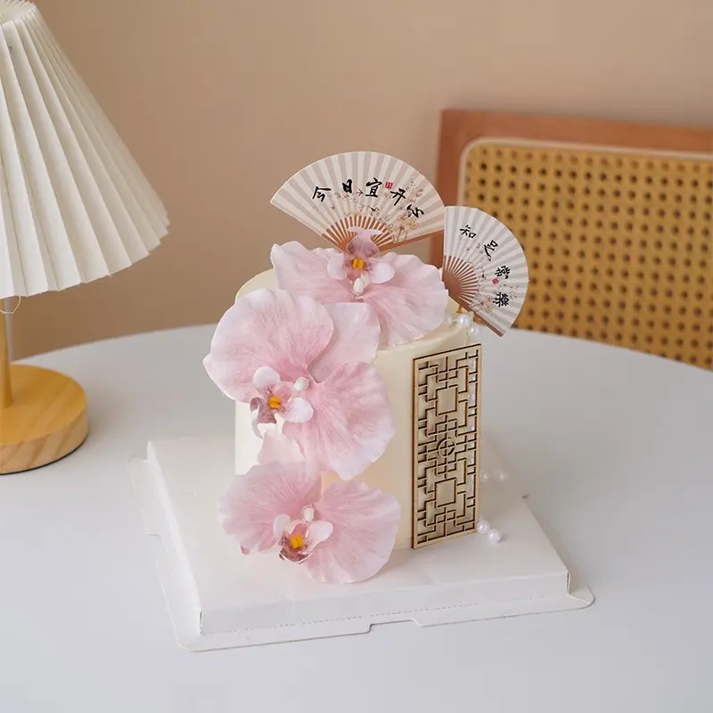 3.8女神节新中式蛋糕装饰扇子屏风蝴蝶兰插件女王节国潮烘焙装扮