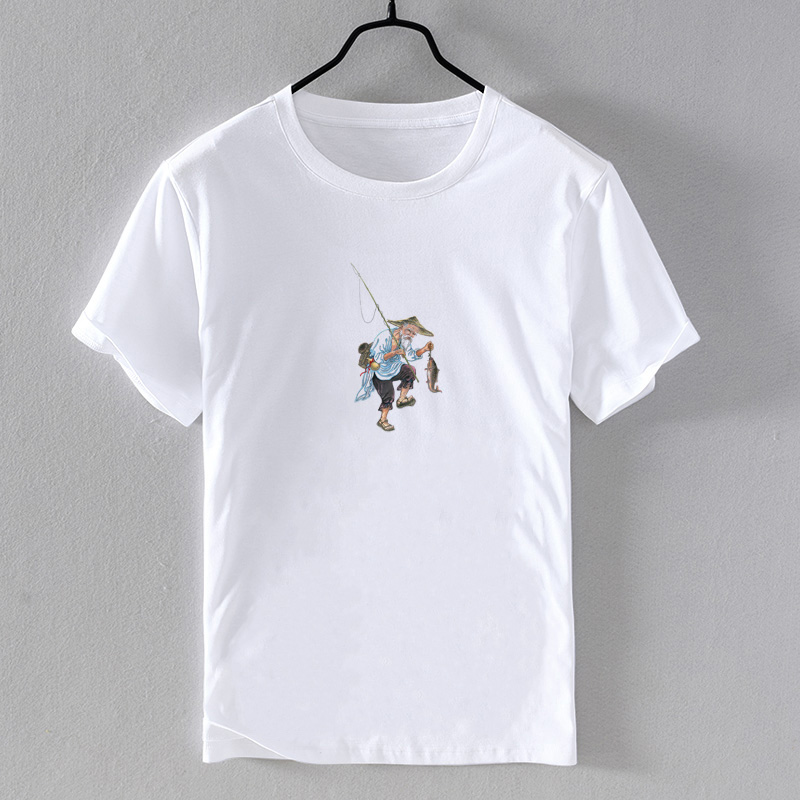 中国风钓鱼老头印花休闲男短袖t恤宽松打底舒适体恤衣服纯棉