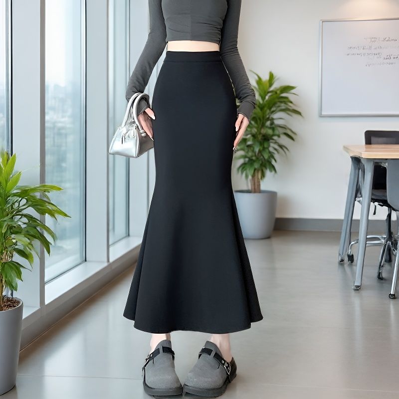 黑色秋季新款高腰显瘦鱼尾半身裙
