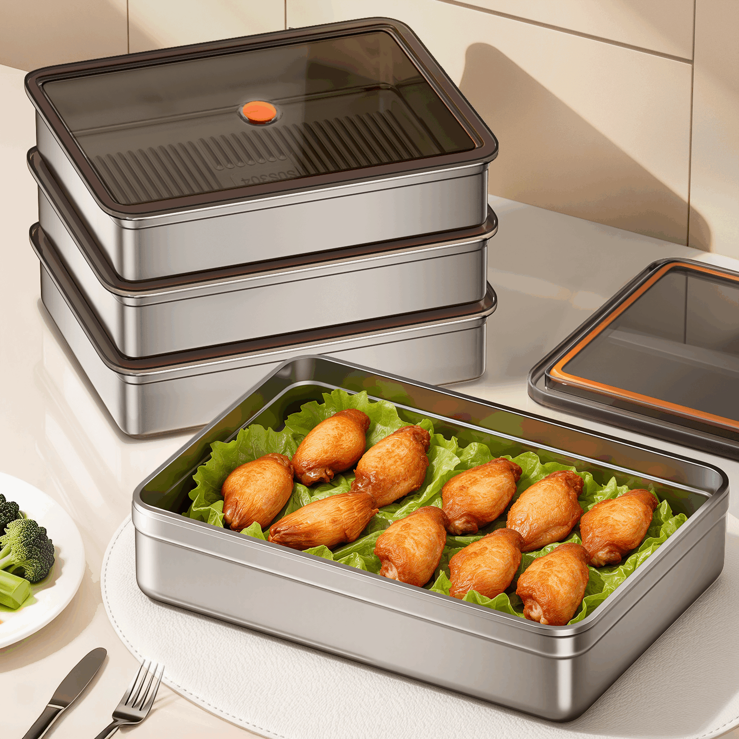 日本烧烤备菜盘食品级304不锈钢保鲜盒厨房家用配菜专用密封托盘,收纳整理,食物收纳盒,淘宝优惠券,粉丝福利购,淘宝优惠卷