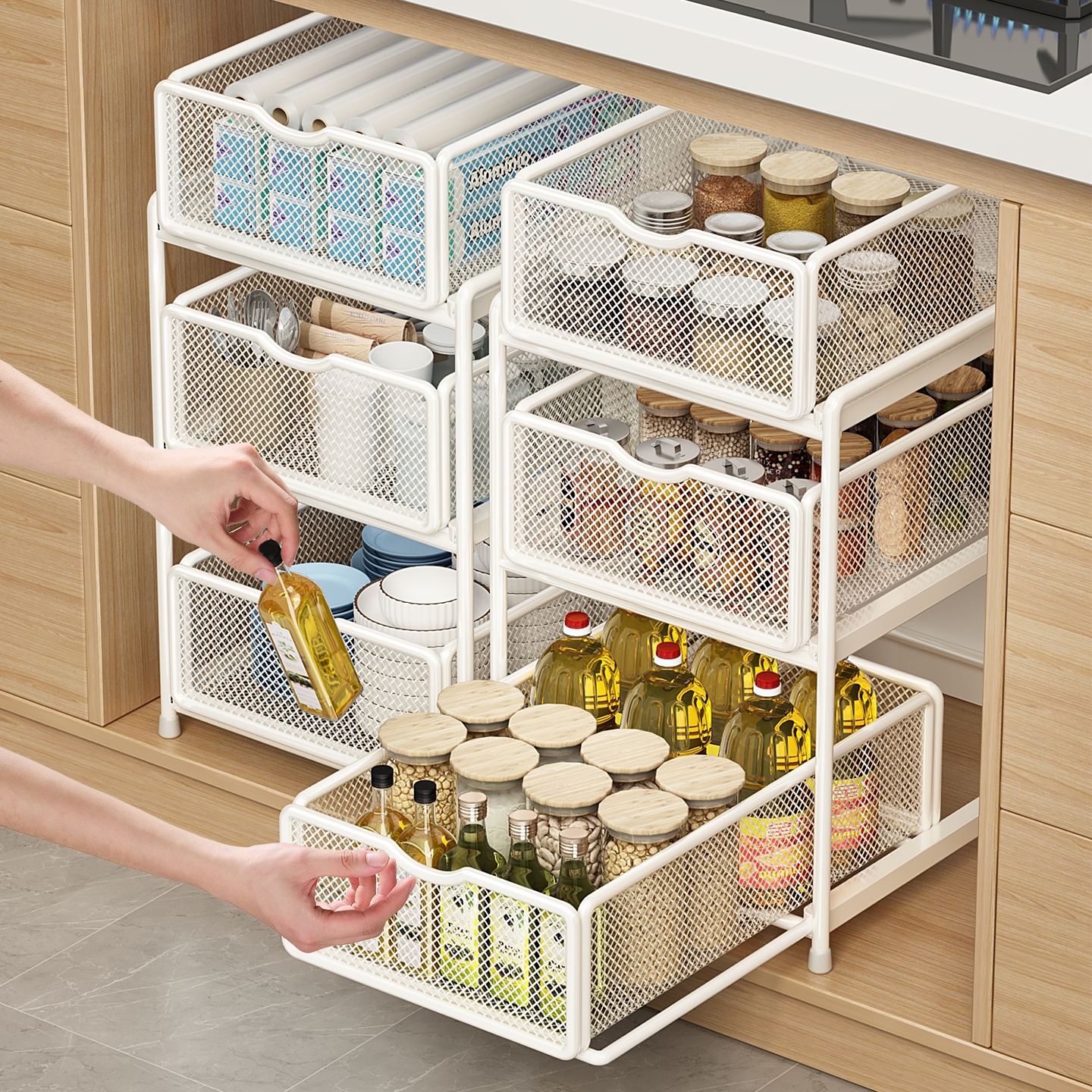 日本厨房抽拉式置物架橱柜内分层架下水槽多功能神器新款收纳拉篮