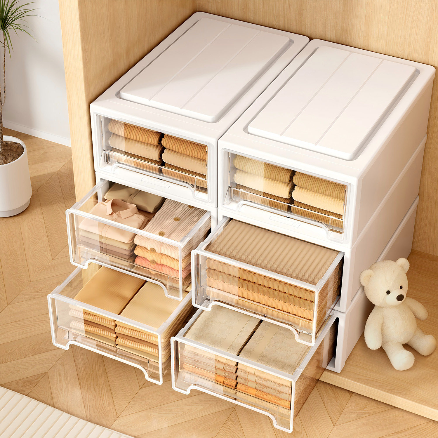 日本抽屉式收纳盒家用衣柜收纳箱整理箱透明大容量衣物专用储物柜