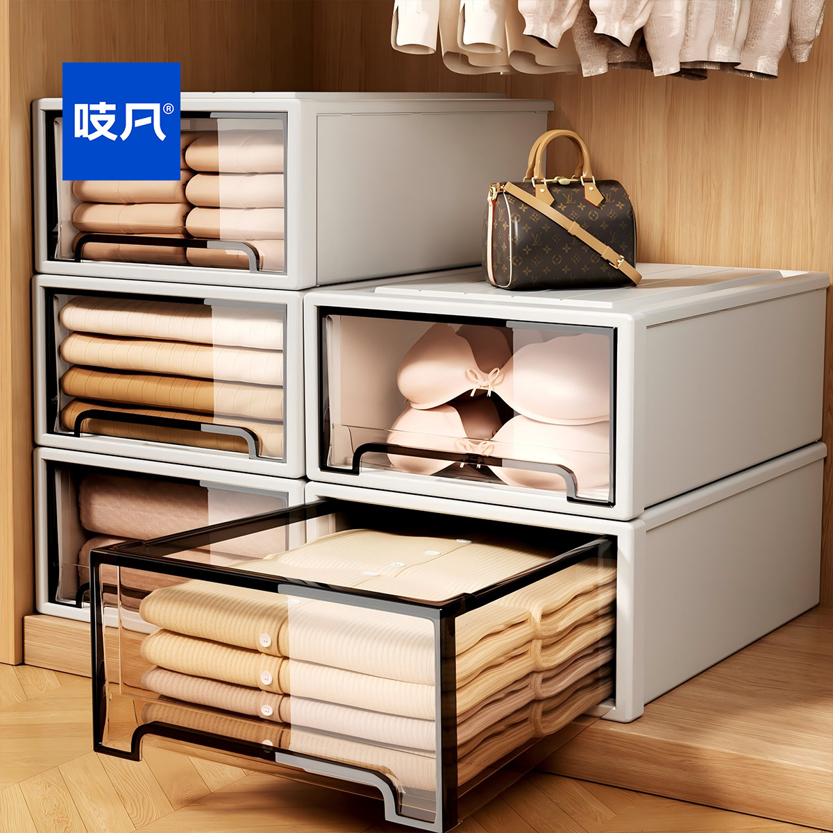 日本抽屉式收纳箱衣柜收纳盒家用透明衣物整理储物箱裤子衣物分层
