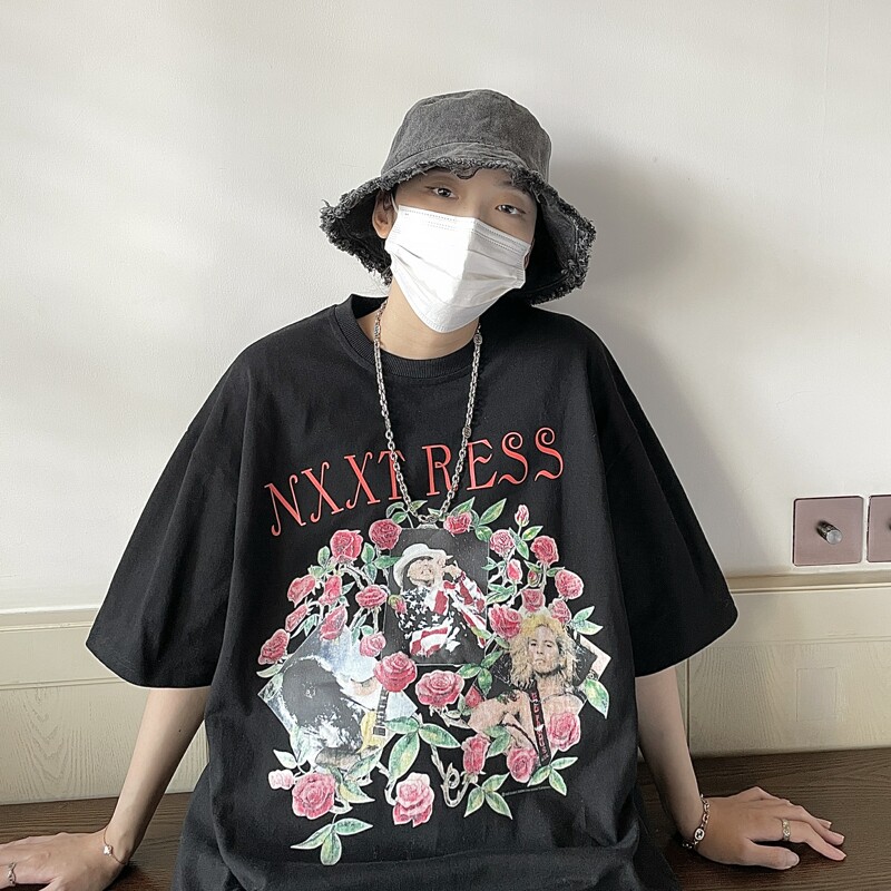 美式玫瑰印花短袖T恤男夏季新款高级感潮流半袖体恤复古休闲汗衫,男装T恤,星座814-1