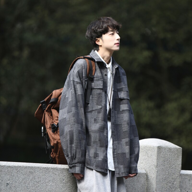 日系牛仔格纹衬衫长袖衬衣男814-1-CS091-P7898（100棉）,男装衬衫,星座814-1